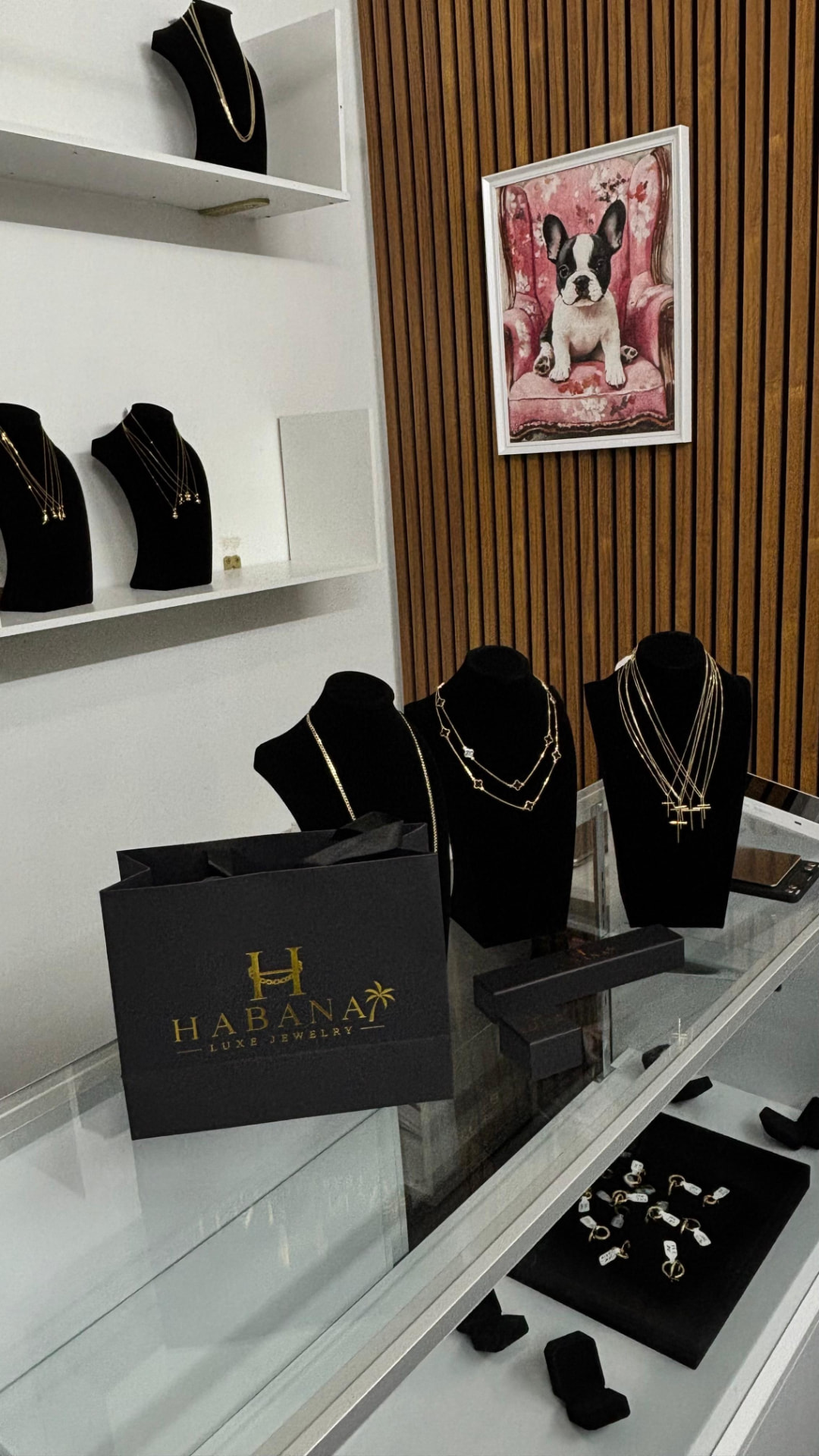 Bolsa y empaque de Habana Luxe Jewelry sobre la vitrina de la boutique
